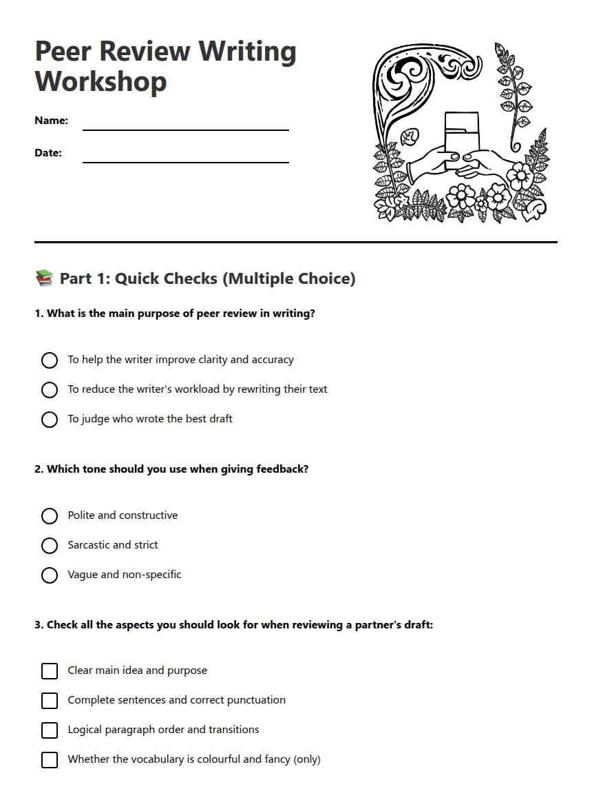 Peer Review Writing Workshop worksheet preview