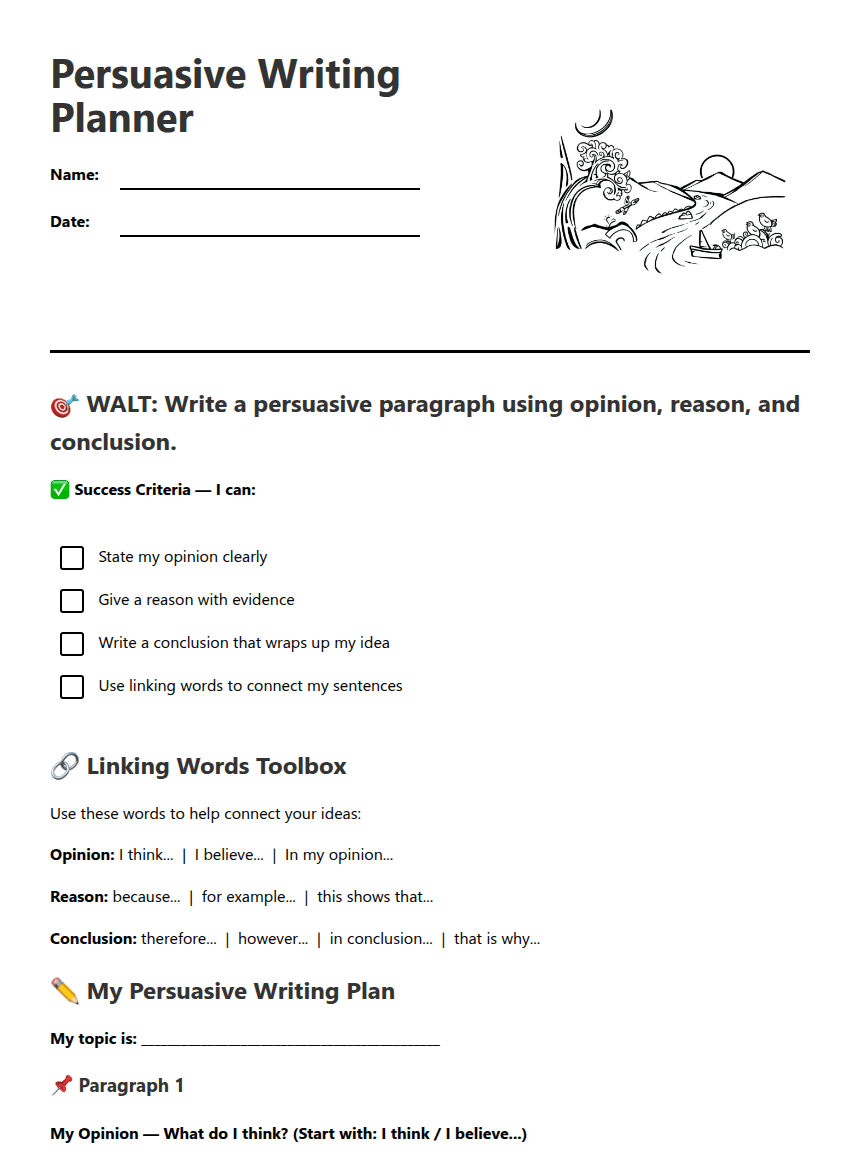 Persuasive Writing Planner worksheet preview