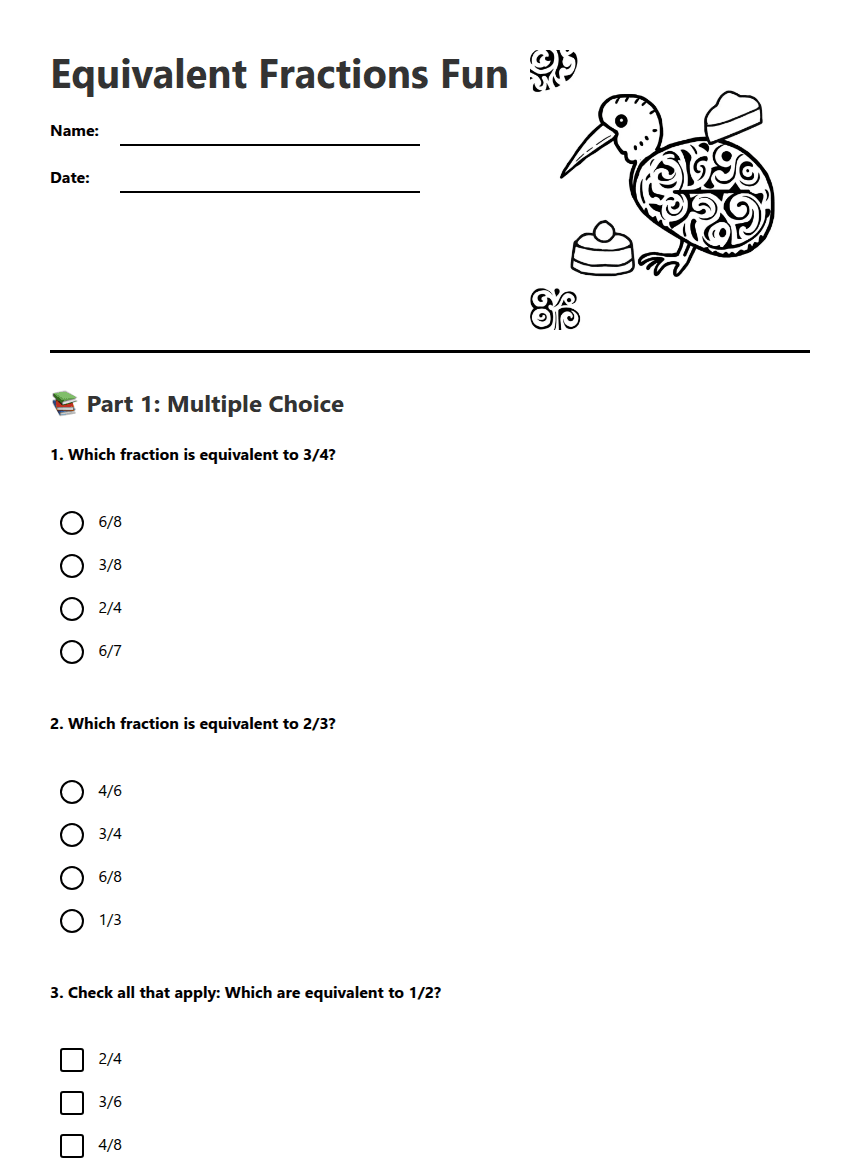 Equivalent Fractions Fun worksheet preview