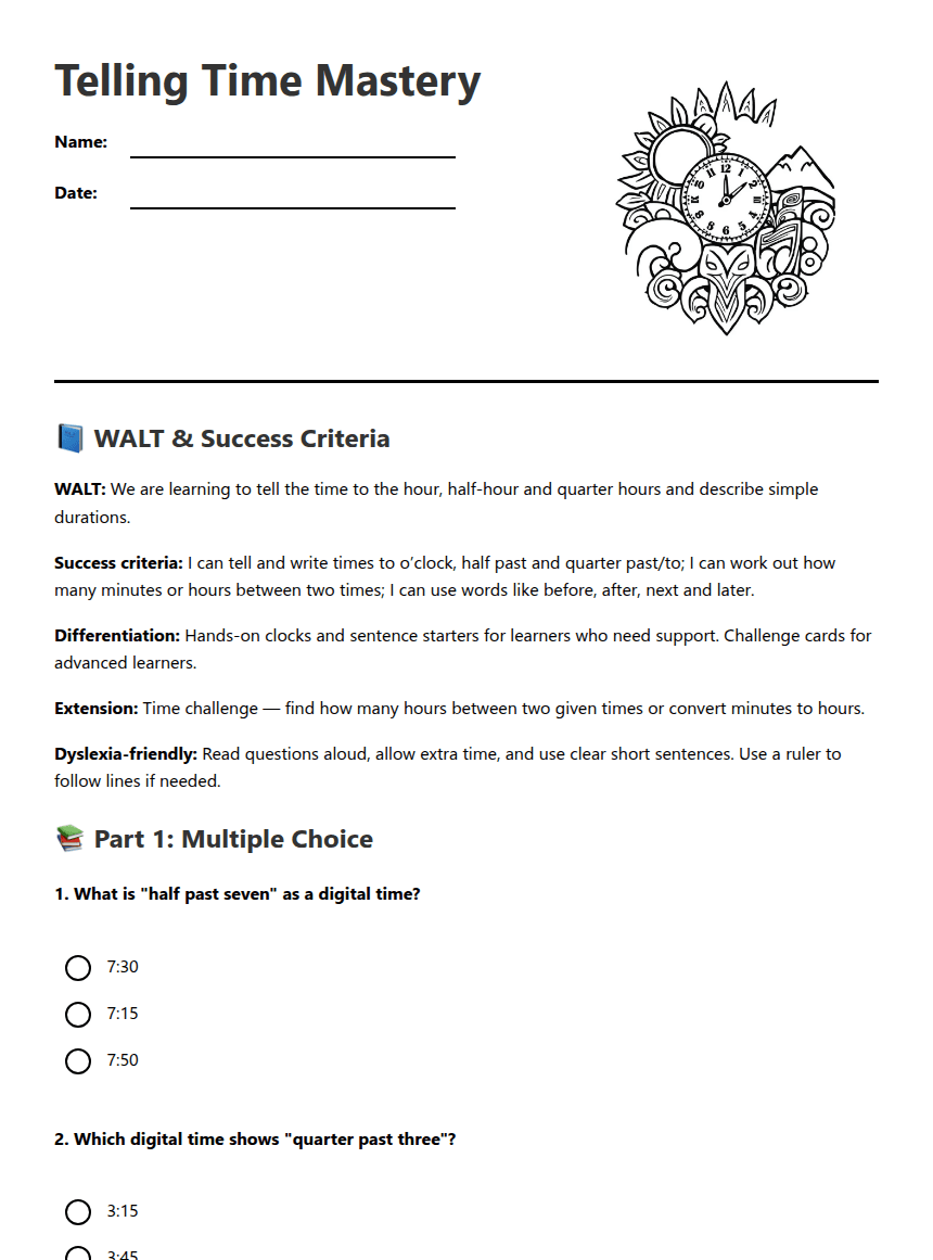 Telling Time Mastery worksheet preview