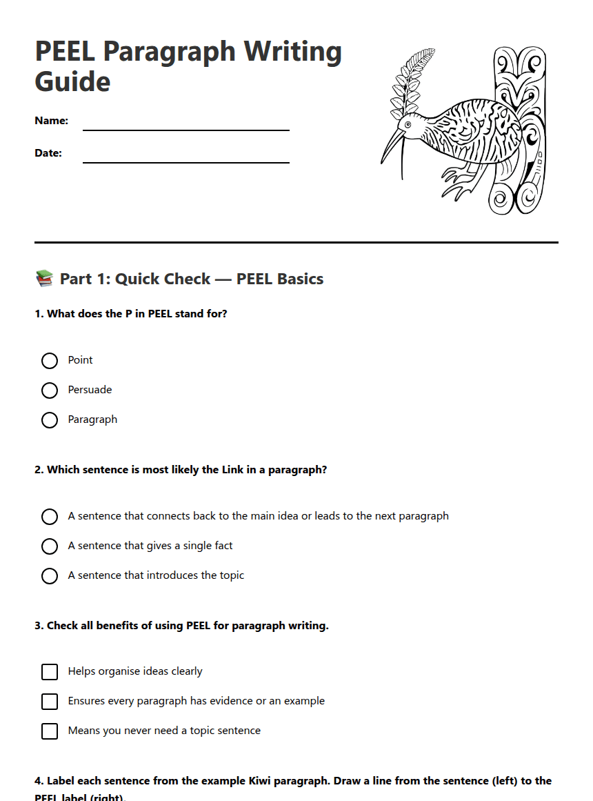 PEEL Paragraph Writing Guide worksheet preview