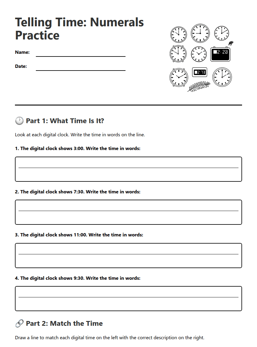 Telling Time: Numerals Practice worksheet preview