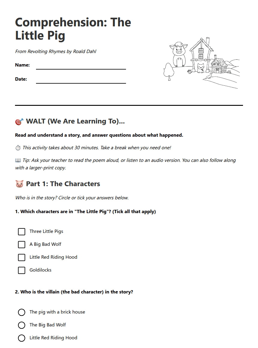 "Comprehension: The Little Pig" worksheet preview