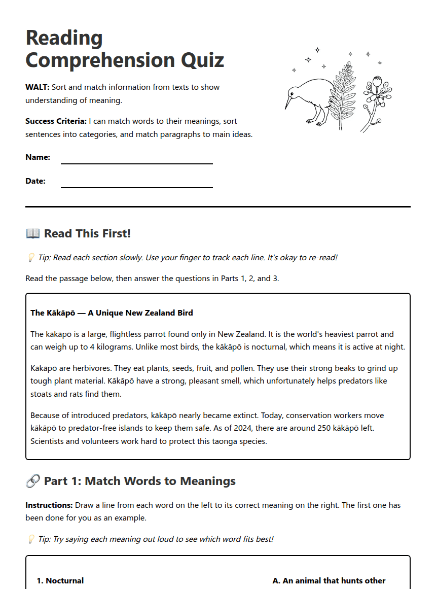 Reading Comprehension Quiz worksheet preview