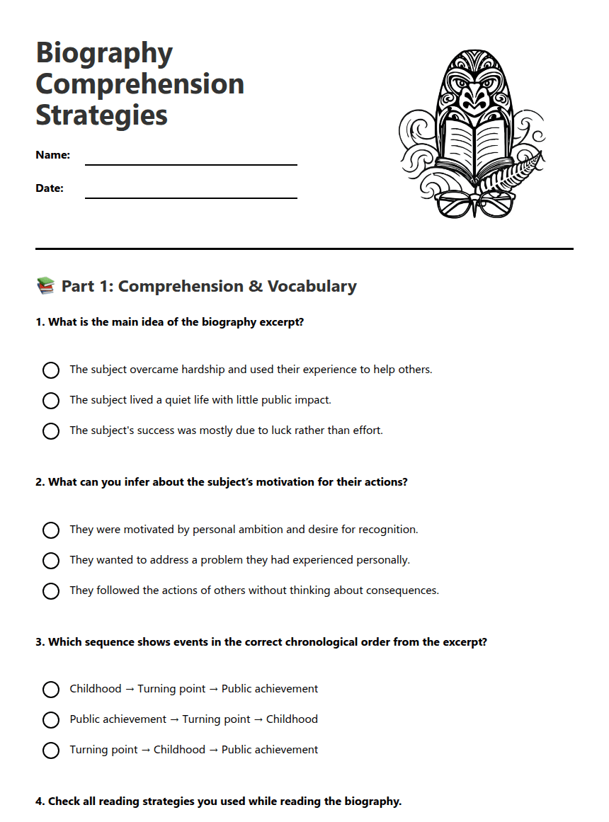 Biography Comprehension Strategies worksheet preview