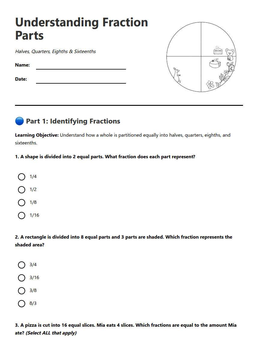 Understanding Fraction Parts worksheet preview