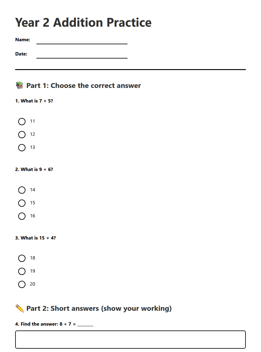 Year 2 Addition Practice worksheet preview