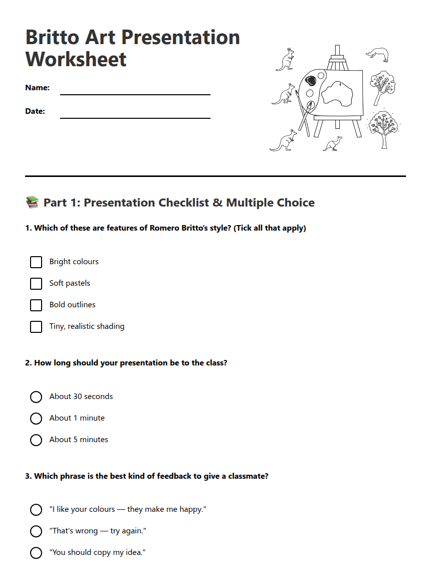 Britto Art Presentation Worksheet worksheet preview