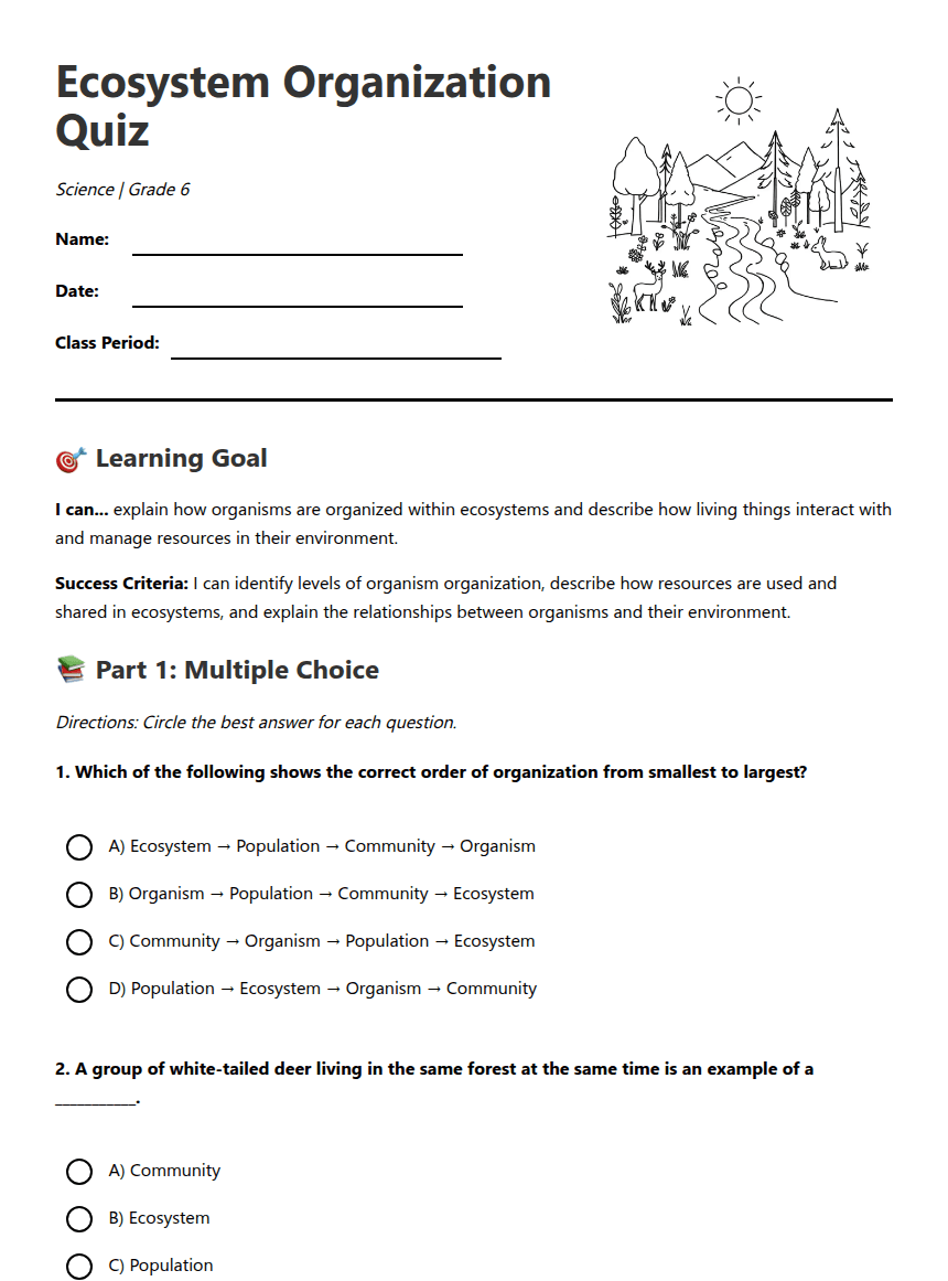Ecosystem Organization Quiz worksheet preview