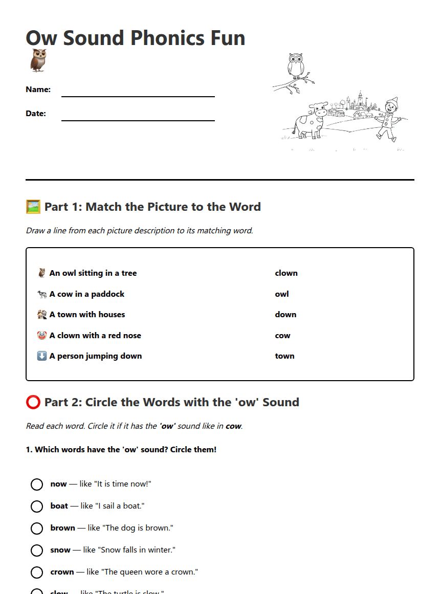 "Ow Sound Phonics Fun" worksheet preview