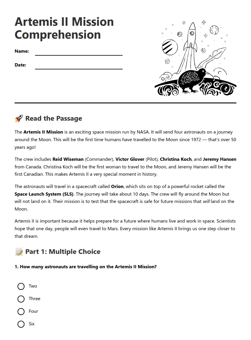 Artemis II Mission Comprehension worksheet preview