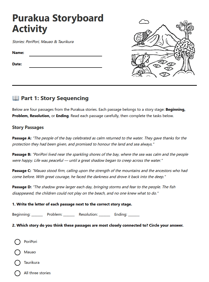 Purakua Storyboard Activity worksheet preview