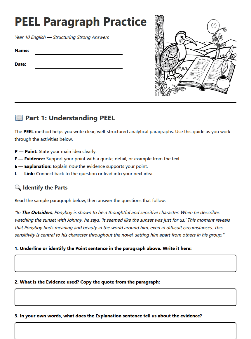 PEEL Paragraph Practice worksheet preview