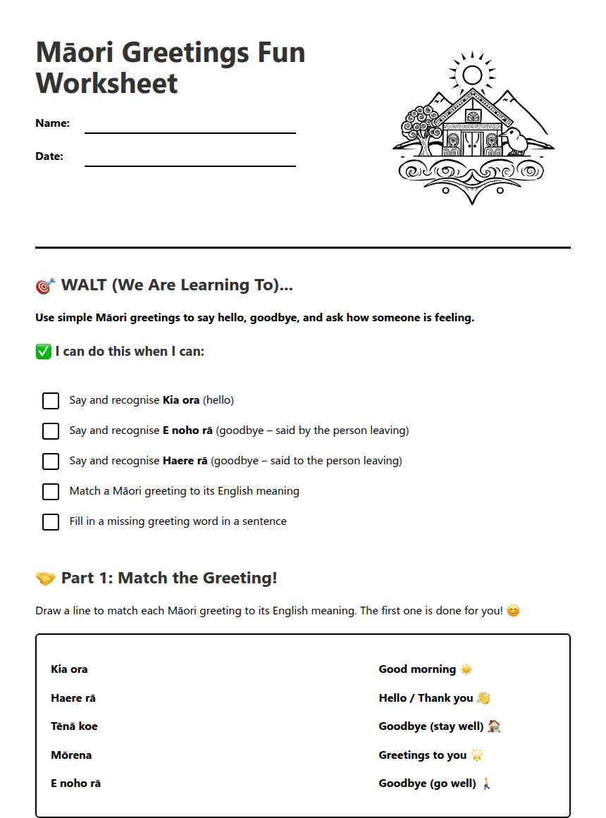 Māori Greetings Fun Worksheet worksheet preview