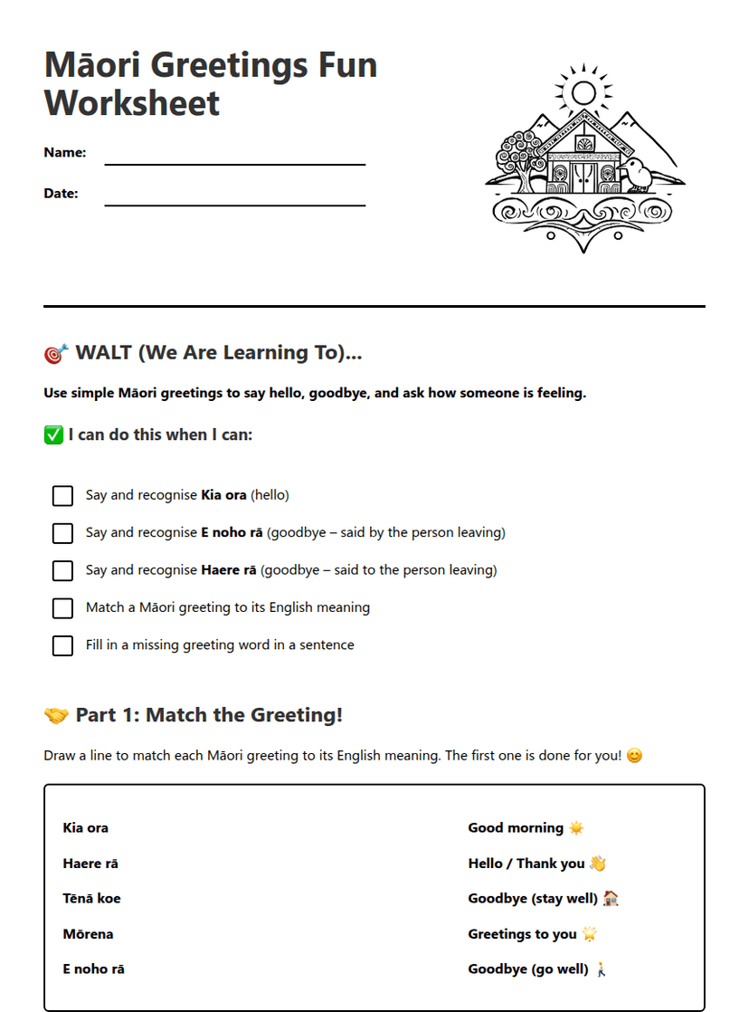 Māori Greetings Fun Worksheet