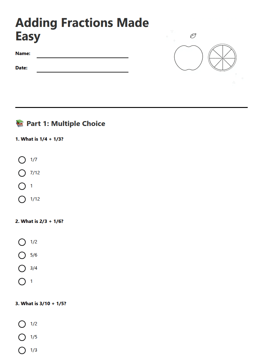 Adding Fractions Made Easy worksheet preview