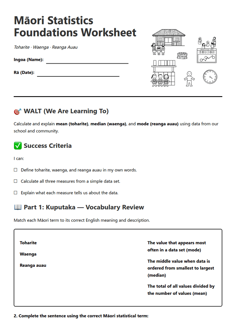 Māori Statistics Foundations Worksheet