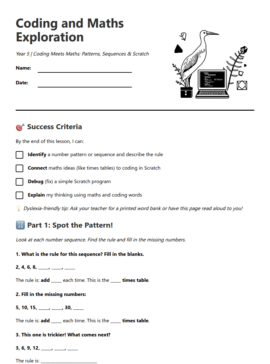 Coding and Maths Exploration worksheet preview
