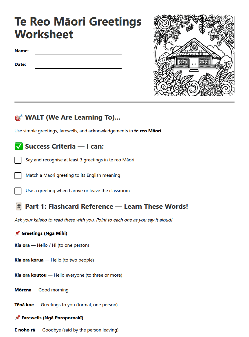 Te Reo Māori Greetings Worksheet worksheet preview