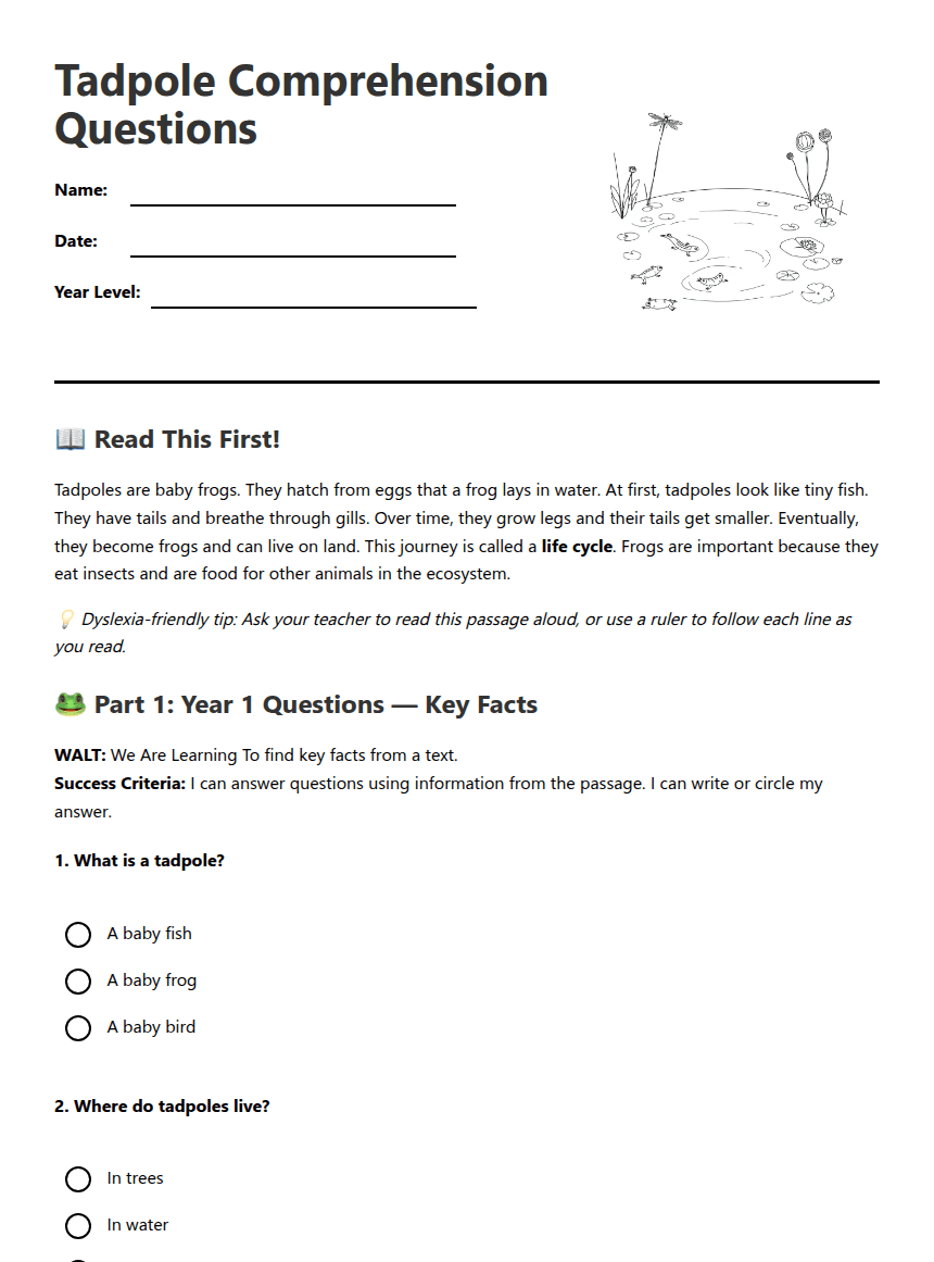 Tadpole Comprehension Questions worksheet preview