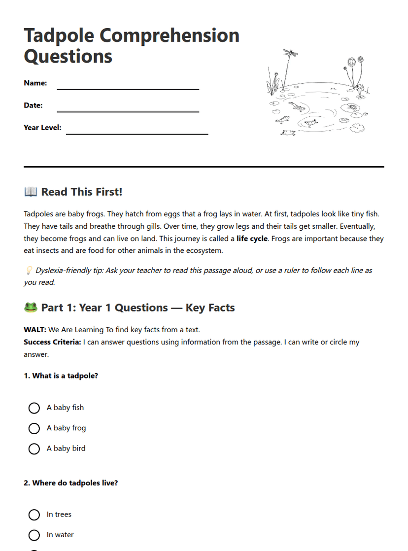 Tadpole Comprehension Questions