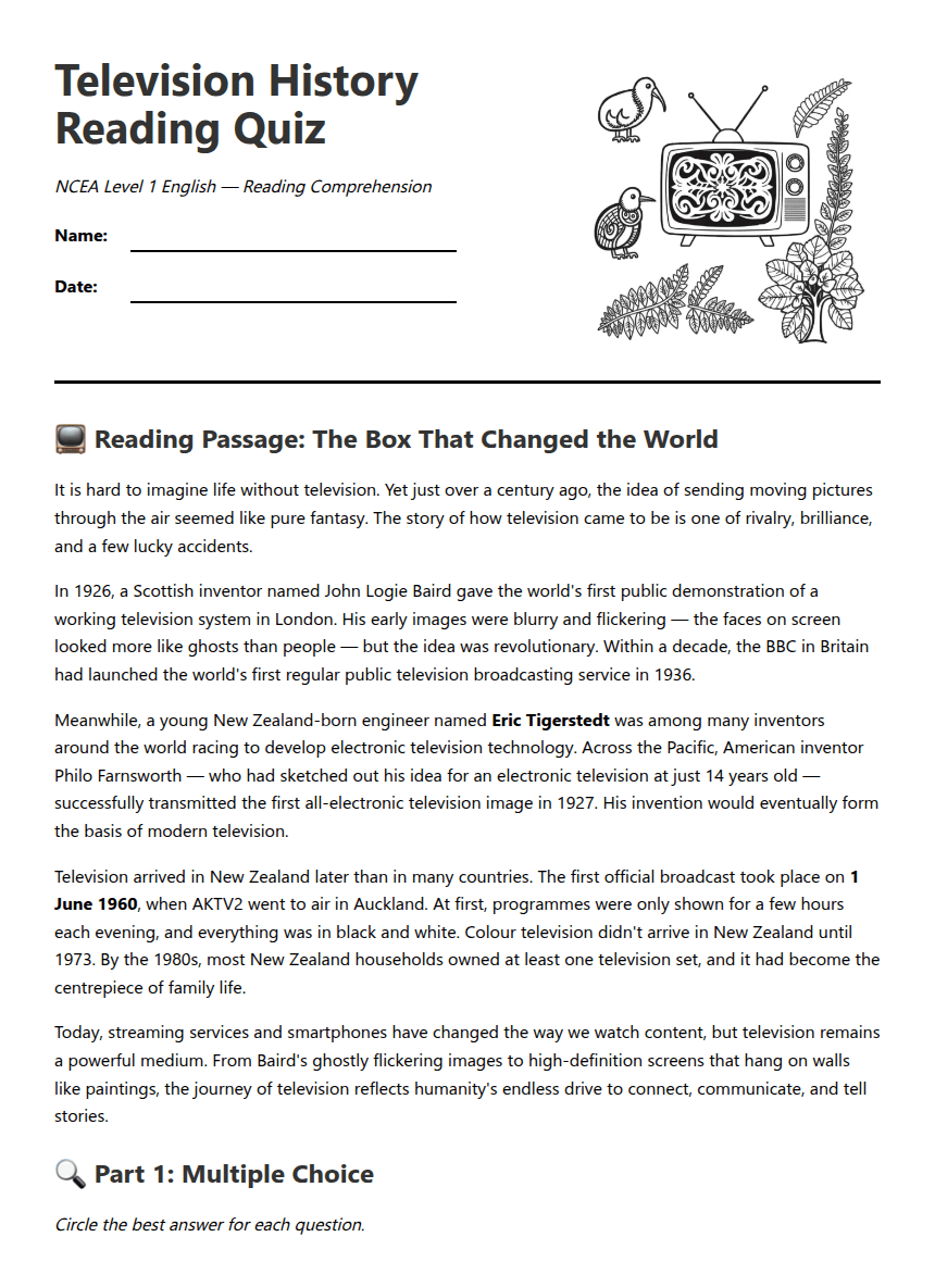 Television History Reading Quiz worksheet preview