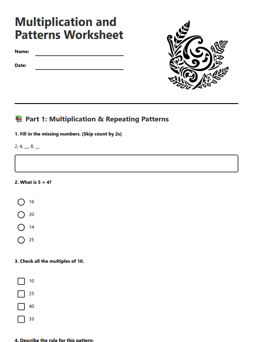 Multiplication and Patterns Worksheet