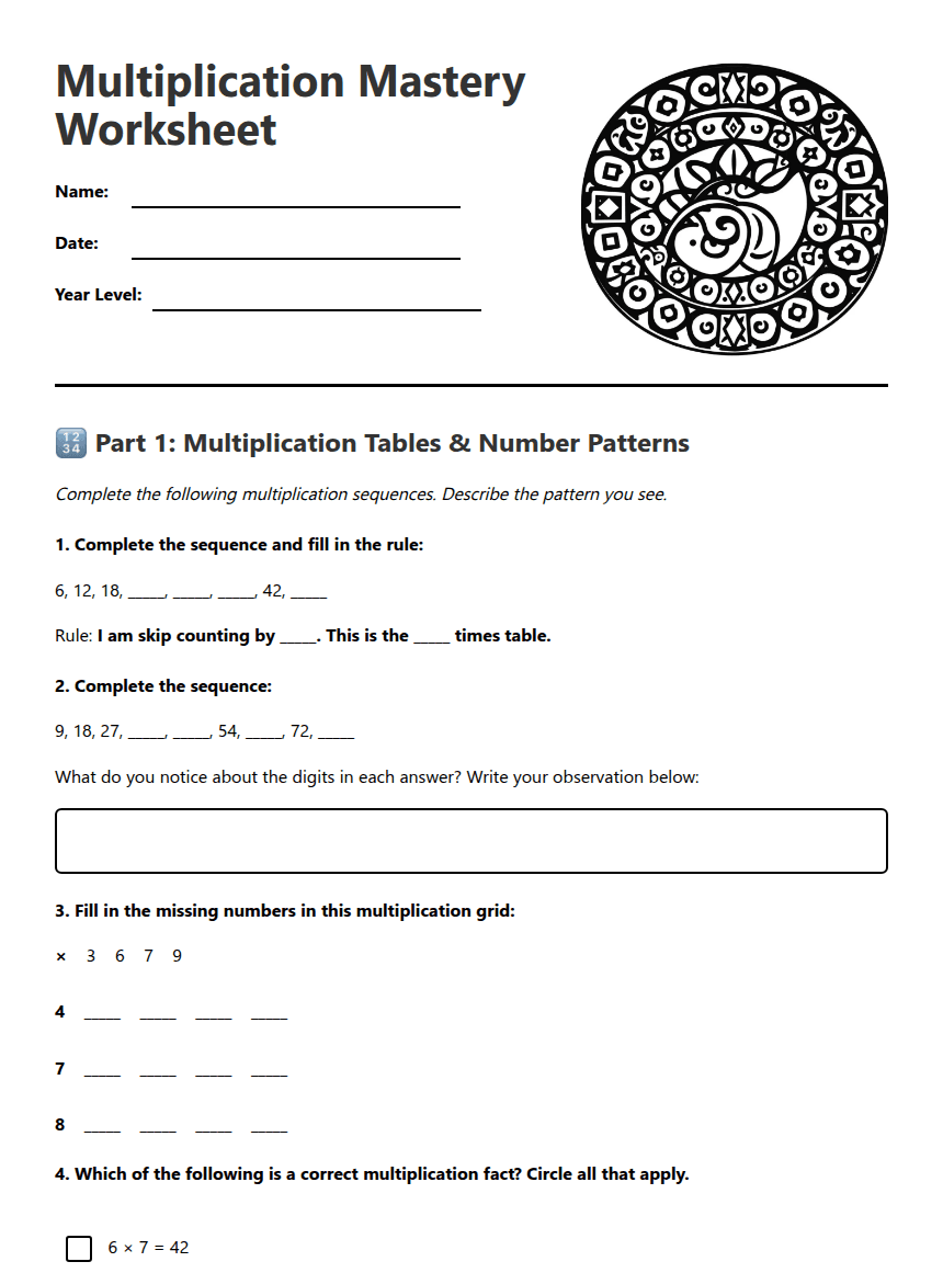 Multiplication Mastery Worksheet worksheet preview