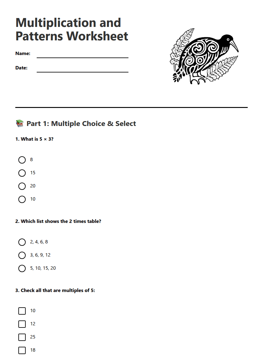 Multiplication and Patterns Worksheet worksheet preview