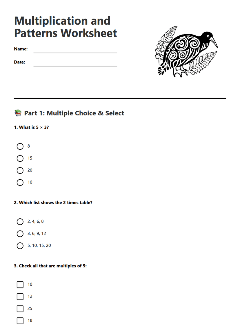 Multiplication and Patterns Worksheet