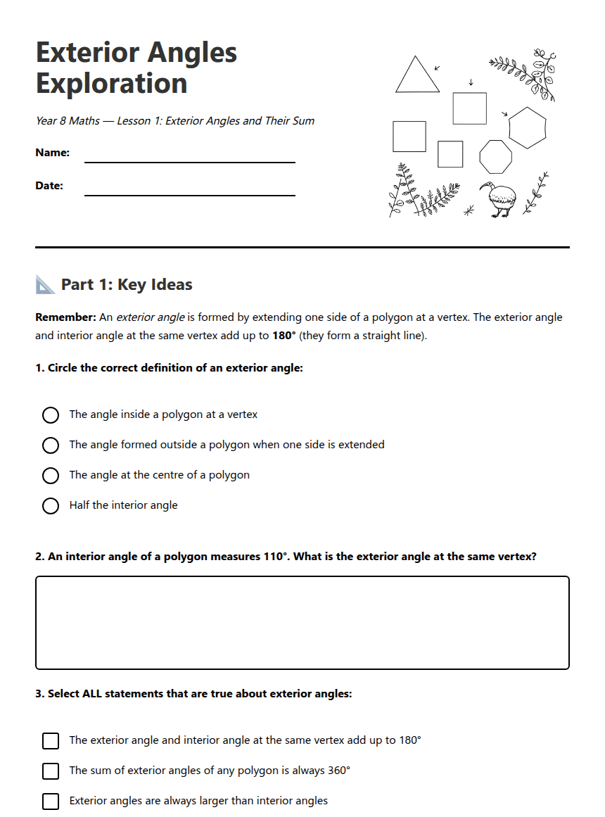 Exterior Angles Exploration worksheet preview
