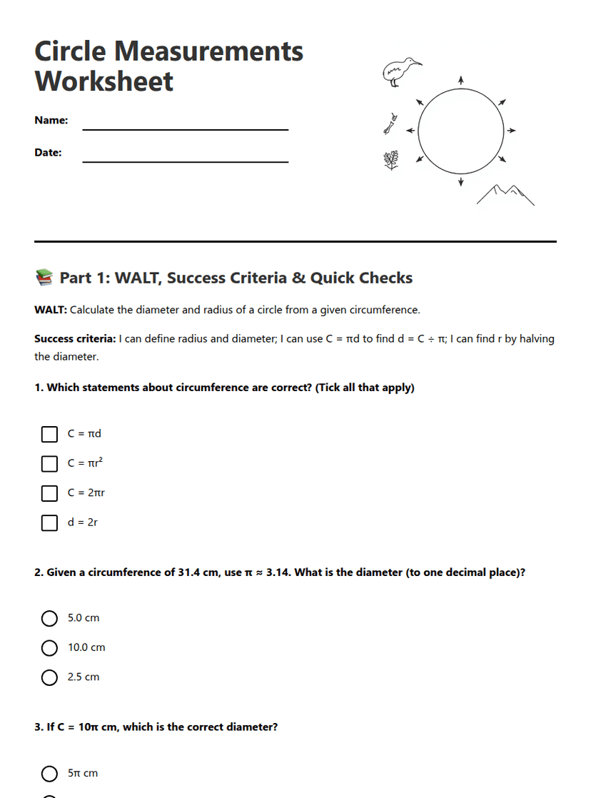 Circle Measurements Worksheet