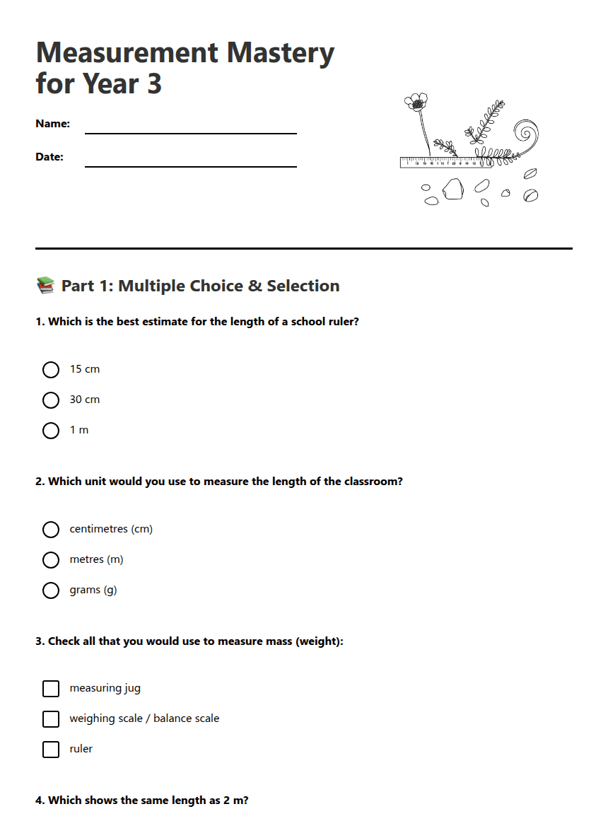 Measurement Mastery for Year 3 worksheet preview