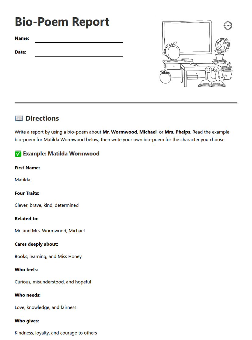 Character Bio-Poem Worksheet