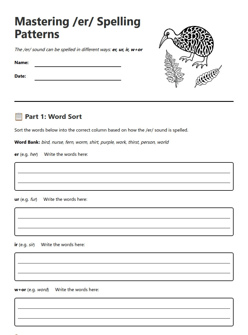 Mastering /er/ Spelling Patterns worksheet preview