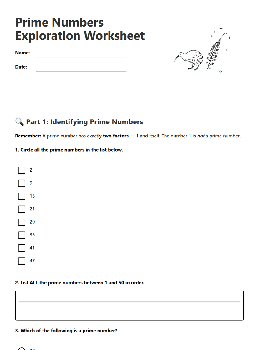 Prime Numbers Exploration Worksheet