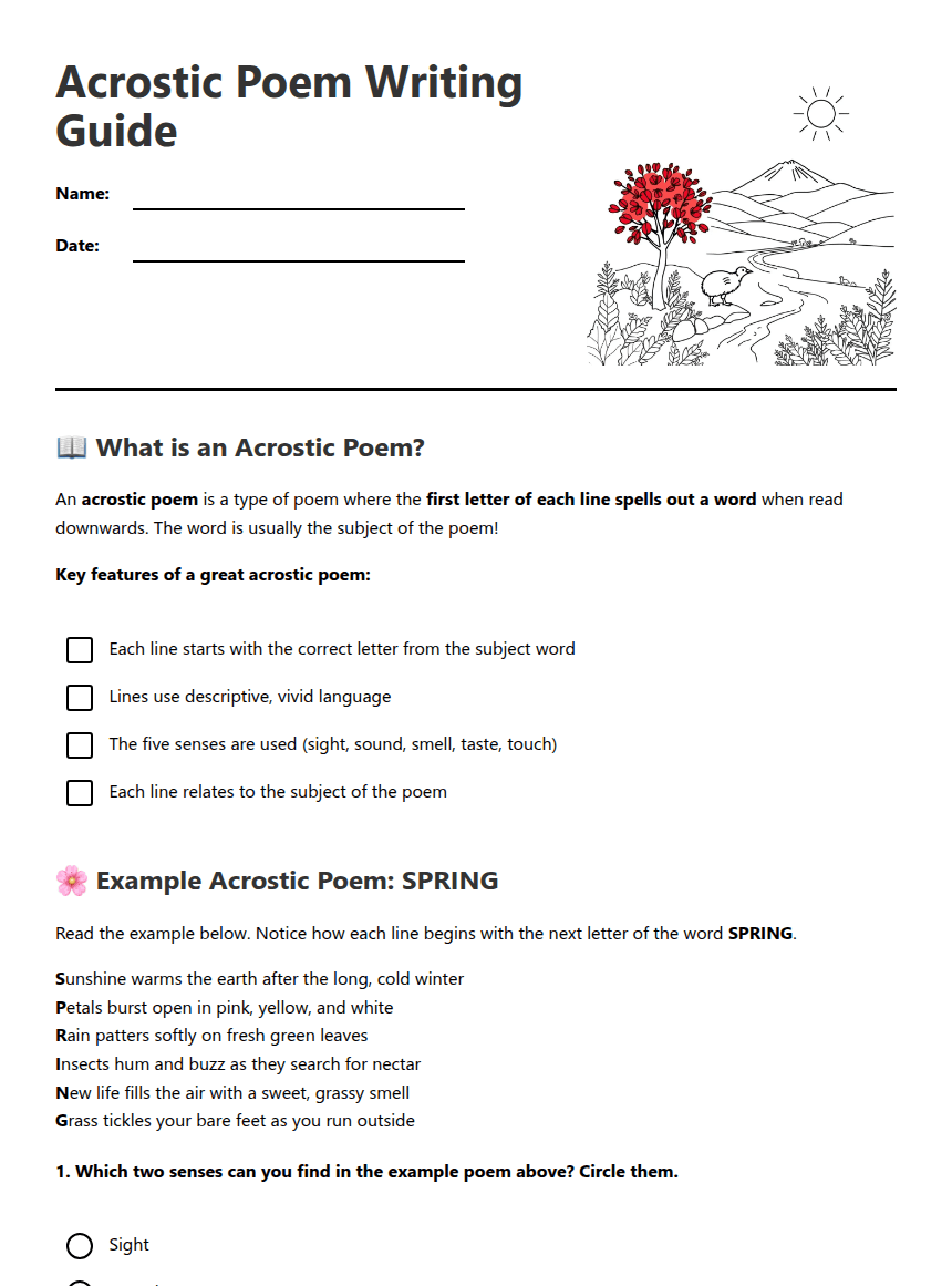 Acrostic Poem Writing Guide worksheet preview