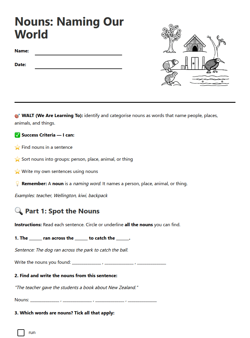 Nouns: Naming Our World worksheet preview