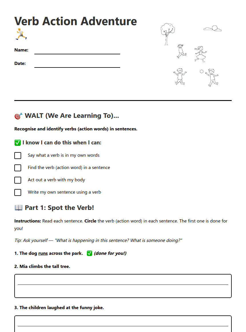 "Verb Action Adventure" worksheet preview