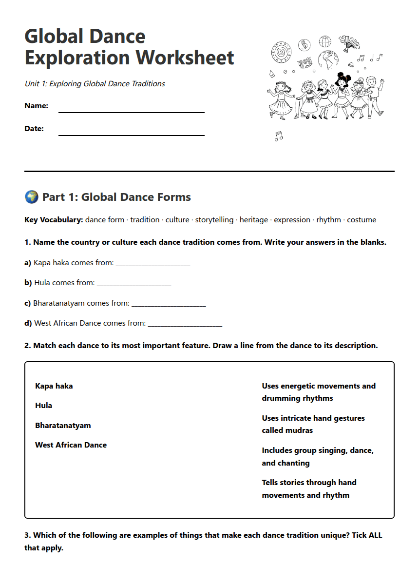 Global Dance Exploration Worksheet worksheet preview