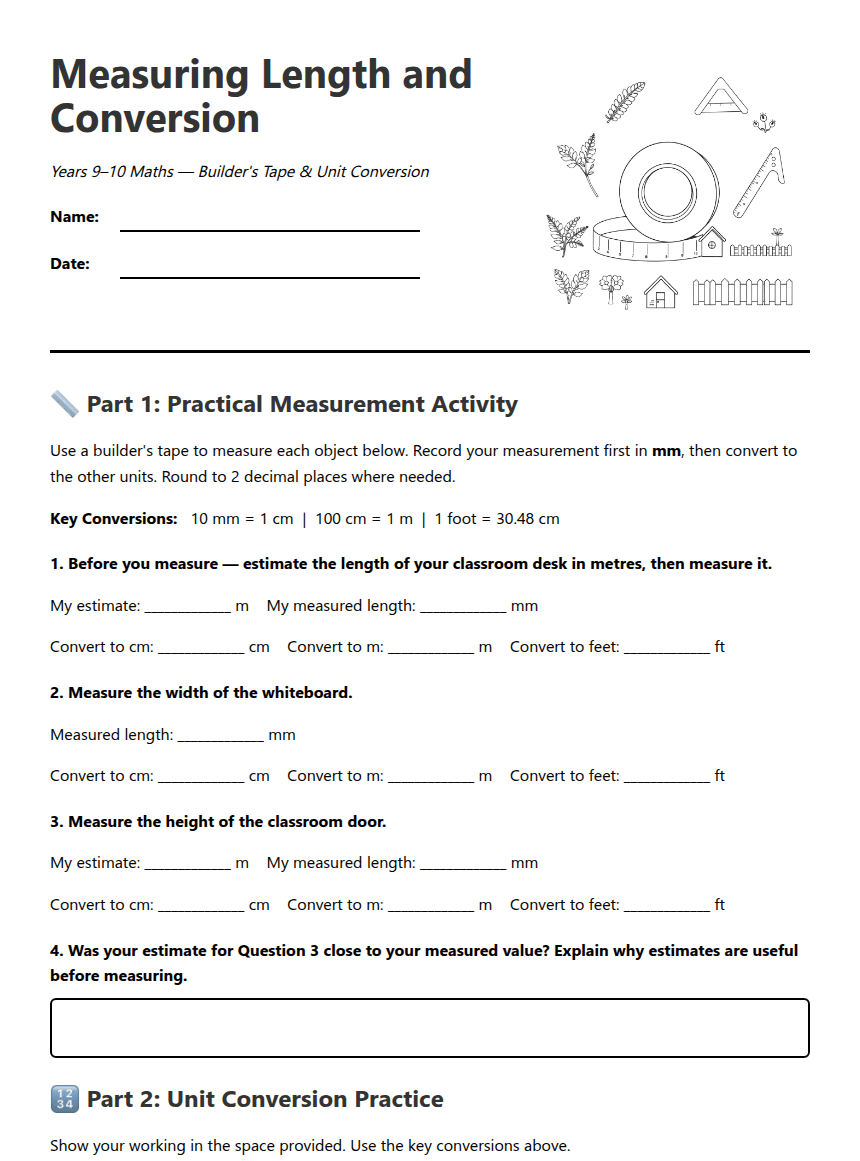 Measuring Length and Conversion worksheet preview