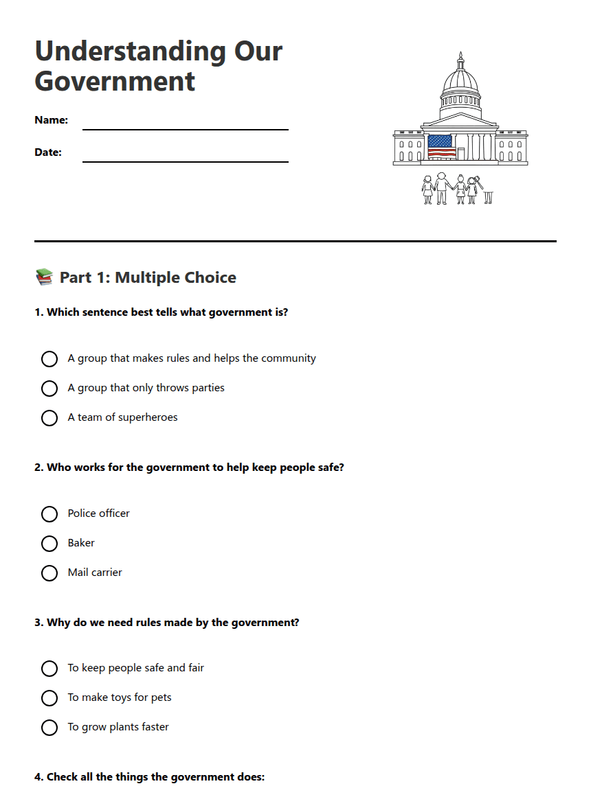 Understanding Our Government worksheet preview