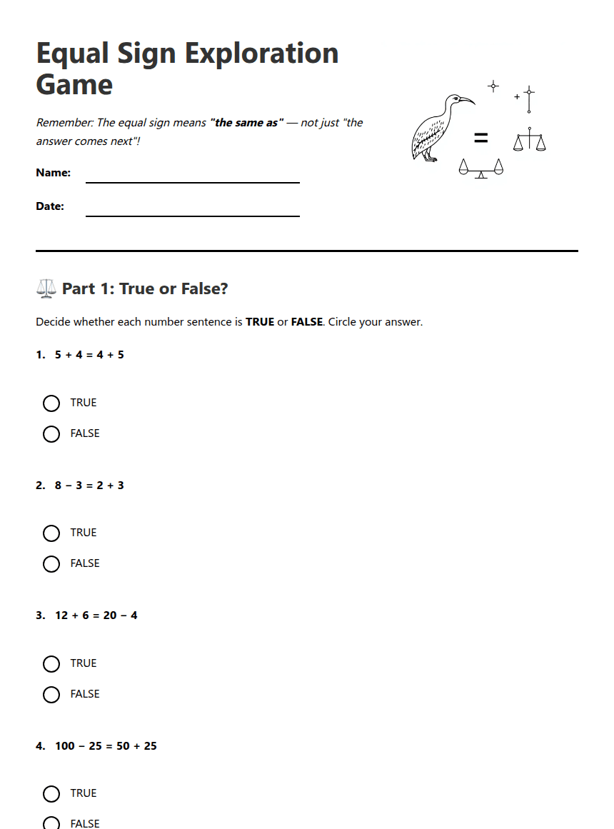 Equal Sign Exploration Game worksheet preview