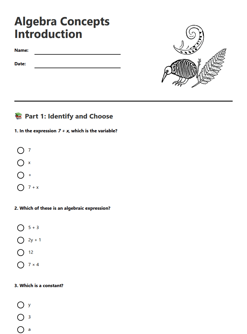 Algebra Concepts Introduction worksheet preview