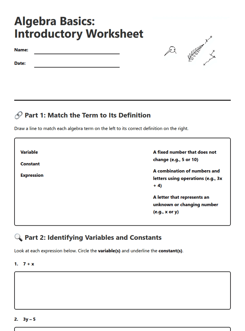 Algebra Basics: Introductory Worksheet