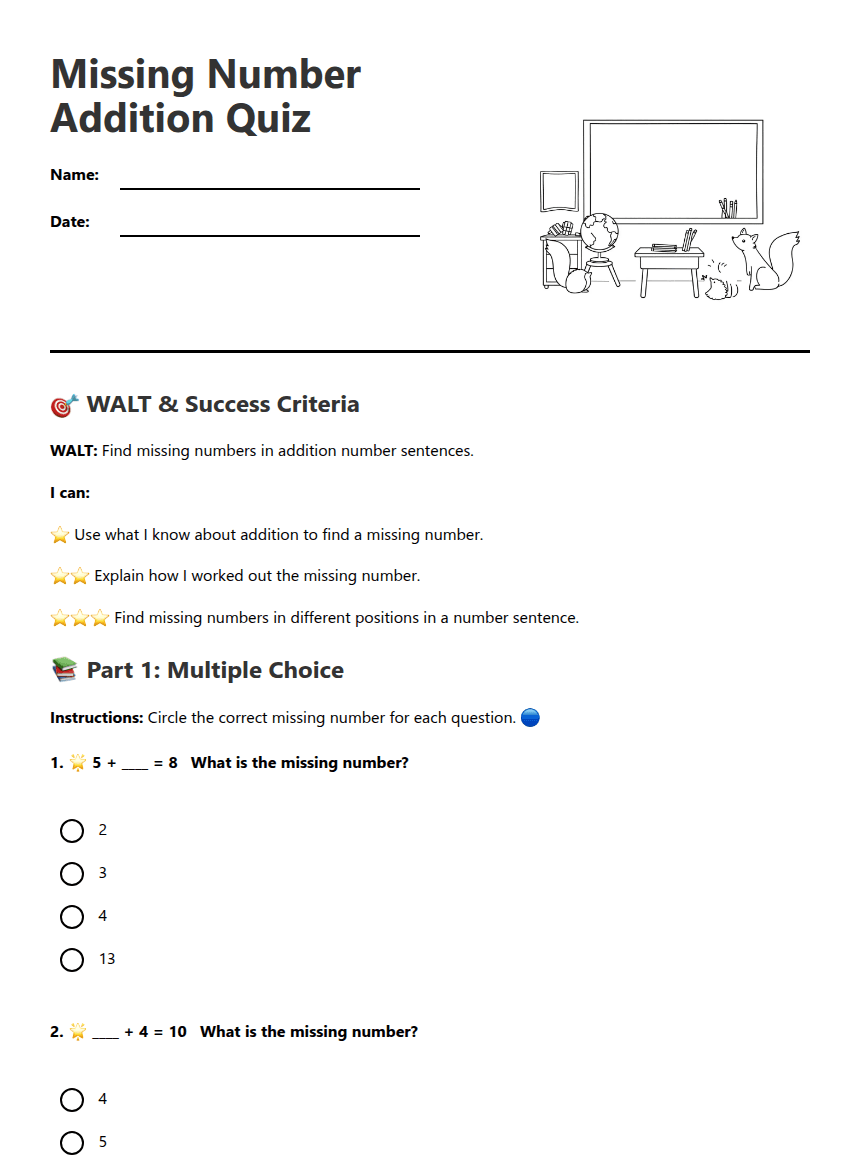 Missing Number Addition Quiz worksheet preview