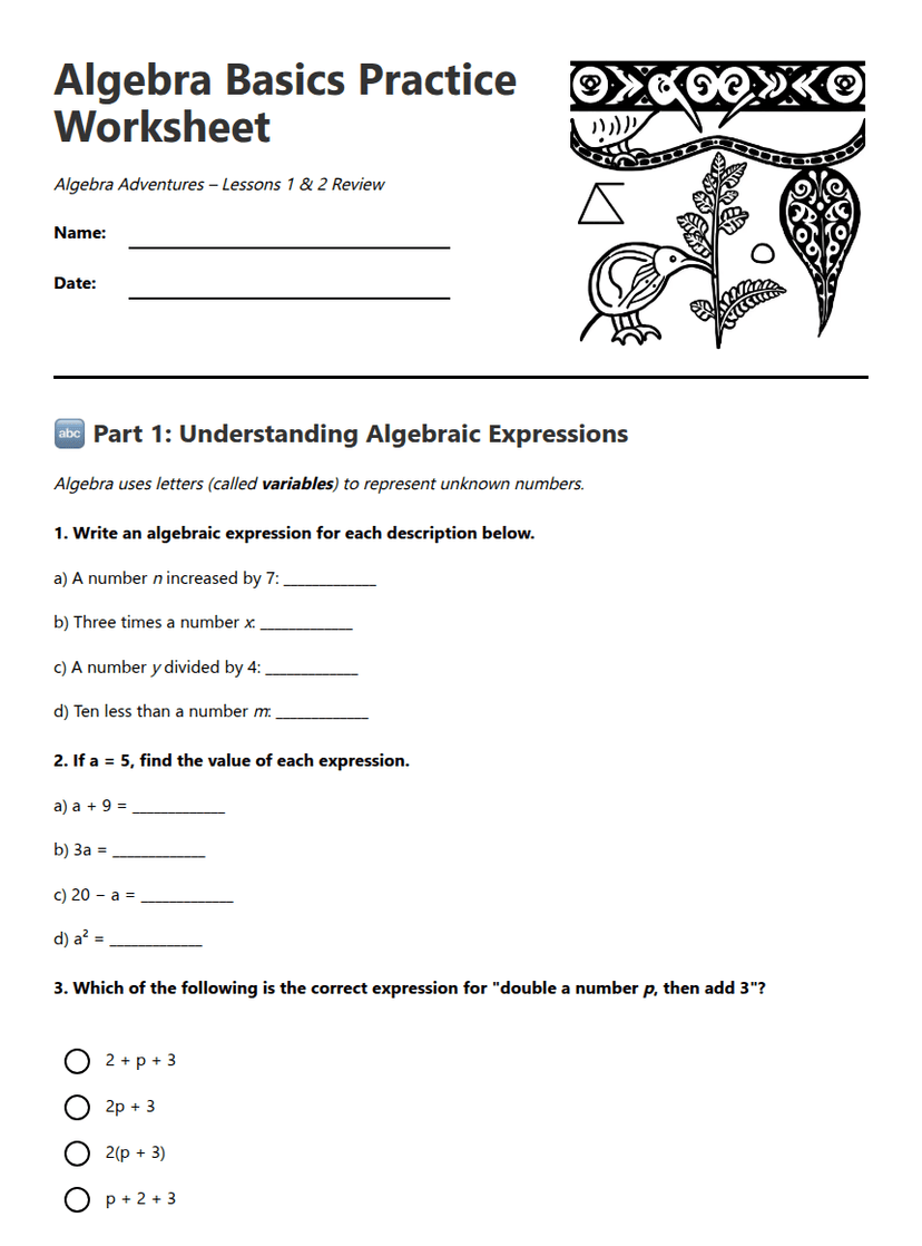 Algebra Basics Practice Worksheet