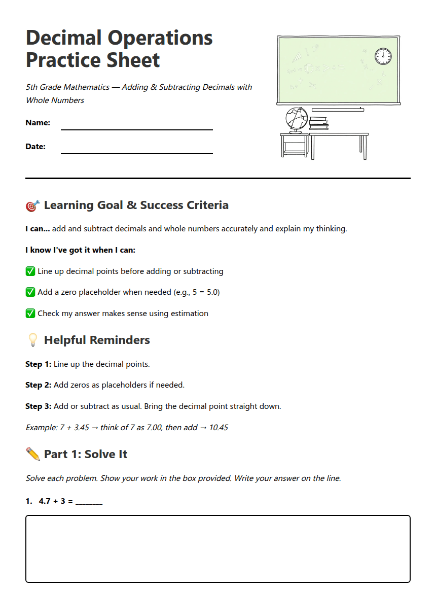 Decimal Operations Practice Sheet worksheet preview