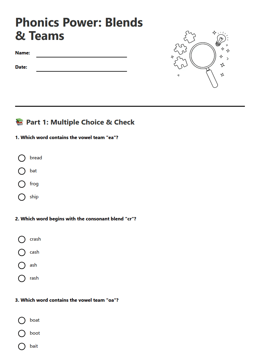 Phonics Power: Blends & Teams worksheet preview