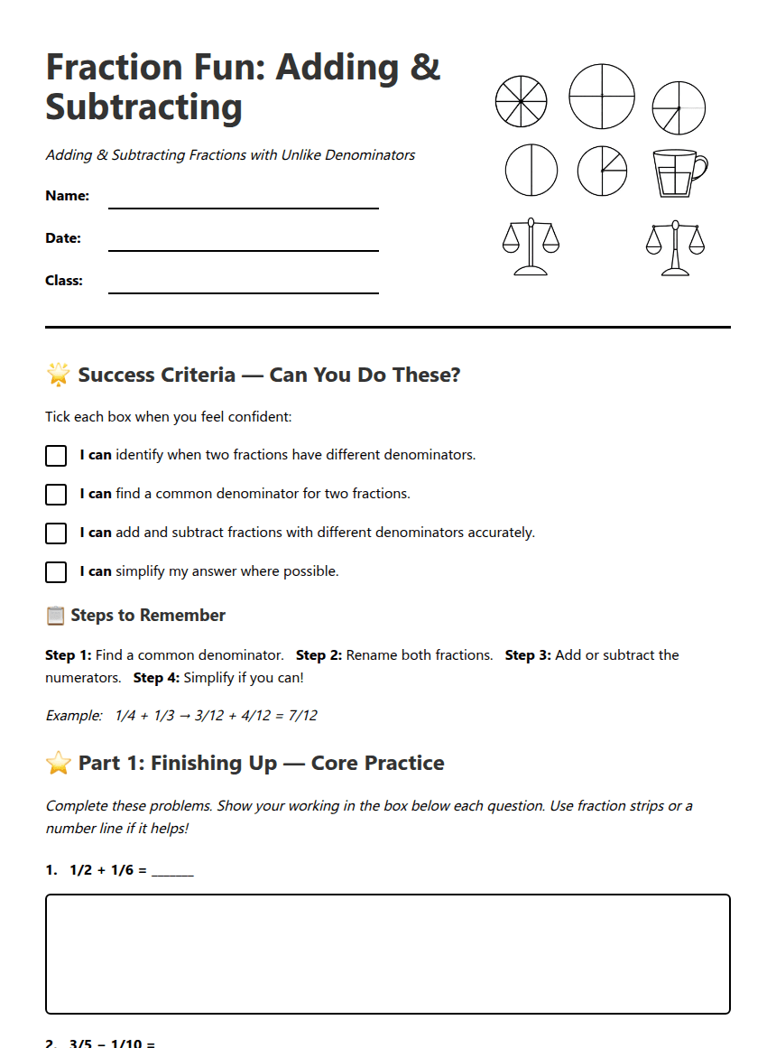 Fraction Fun: Adding & Subtracting worksheet preview